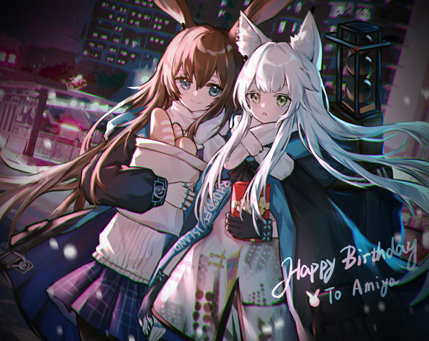 2girls :o amiya_(arknights) animal_ear_fluff animal_ears arknights backpack bag black_gloves black_jacket black_legwear blue_eyes blue_skirt bread brown_hair building cat_ears city cowboy_shot dress dutch_angle english_text fingerless_gloves food gloves green_eyes happy_birthday holding holding_bag jacket long_hair looking_at_viewer multiple_girls multiple_rings night open_clothes open_jacket open_mouth outdoors pantyhose plaid plaid_skirt pleated_skirt rabbit_ears riinougat rosmontis_(arknights) scarf skirt smile standing very_long_hair white_dress white_hair white_scarf