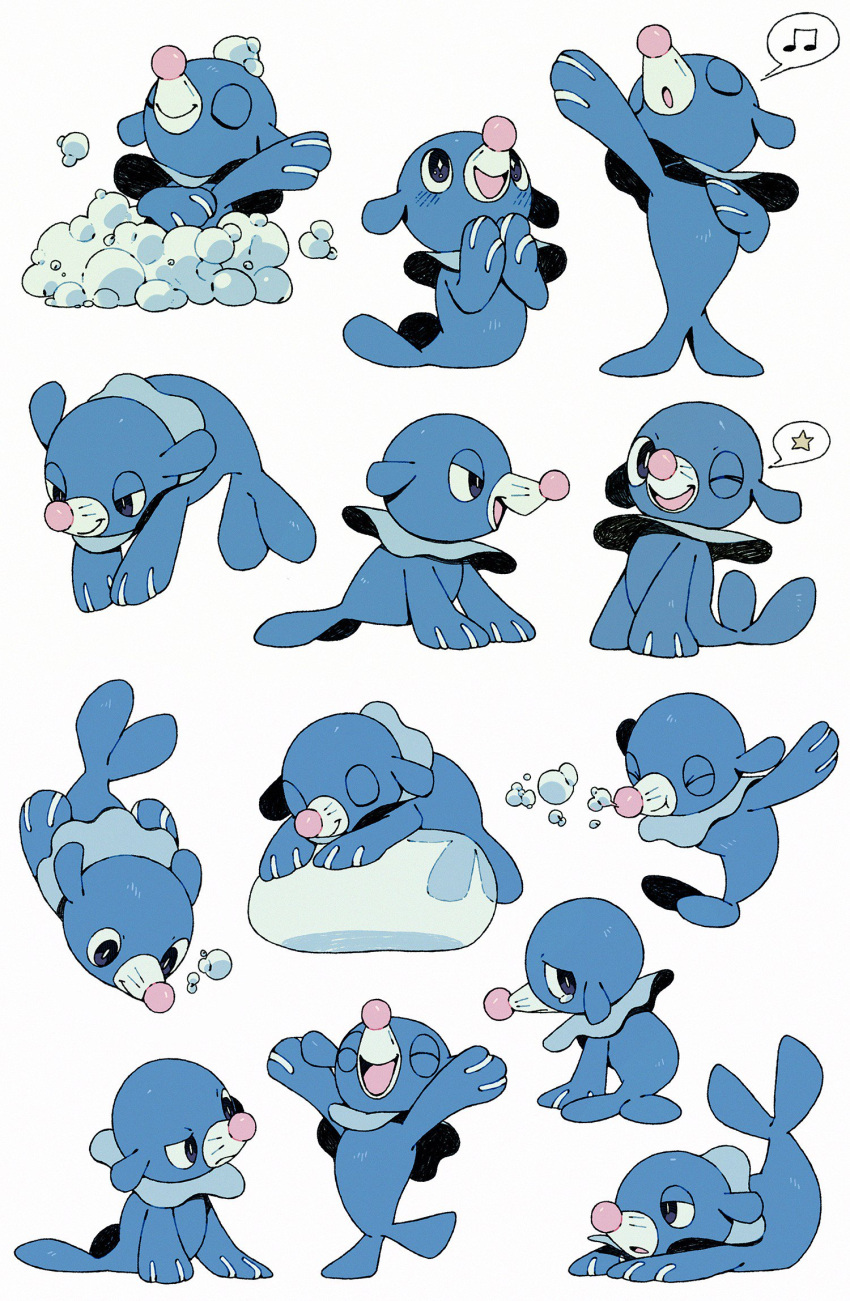 :d arms_up bluekomadori closed_eyes closed_mouth commentary english_commentary foam gen_7_pokemon grey_background half-closed_eyes happy highres musical_note no_humans one_eye_closed open_mouth pokemon pokemon_(creature) popplio sleeping smile spoken_musical_note spoken_star star_(symbol) tongue |d