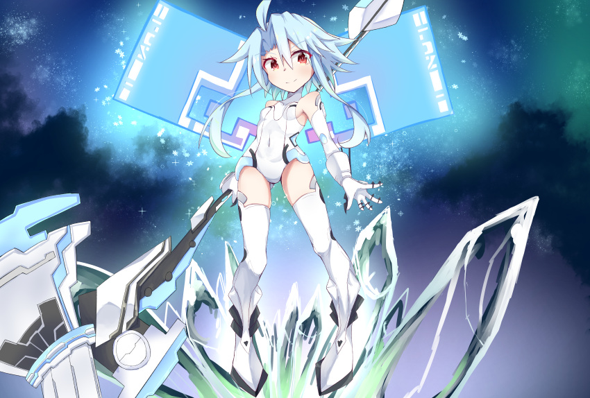 1girl absurdres ahoge bare_shoulders blush breasts elbow_gloves gloves hair_between_eyes highres holding holding_weapon huge_filesize leotard light_blue_hair looking_at_viewer neptune_(series) power_symbol red_eyes shimeji_wyvern short_hair_with_long_locks small_breasts smile solo symbol-shaped_pupils thigh-highs weapon white_gloves white_heart white_leotard