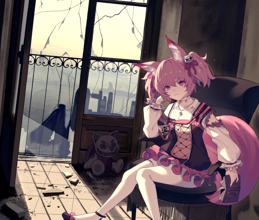 1girl animal_ears arknights black_dress book burnt_clothes chair closed_mouth collared_shirt crop_top debris doll dress fishnets fox_ears fox_girl fox_tail hair_ornament hand_up holding indoors long_hair long_sleeves looking_at_viewer midriff navel nihnfinite8 pantyhose pink_eyes pink_hair ruins see-through shamare_(arknights) shirt shoes sitting solo stuffed_animal stuffed_toy tail twintails white_legwear white_shirt