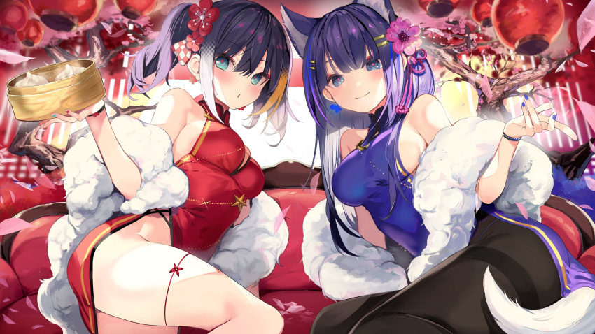 2girls animal_ears armpit_crease bamboo_steamer baozi bare_shoulders black_hair black_legwear blue_dress blue_eyes blue_hair bonsai breasts bright_pupils chestnut_mouth china_dress chinese_clothes closed_mouth couch dress earrings eyeshadow feather_boa flower food fox_ears gradient_hair groin hair_flower hair_ornament hairclip highres holding jewelry lantern large_breasts long_hair looking_at_viewer makeup medium_breasts multicolored multicolored_hair multicolored_nails multiple_girls nail_polish nekoboshi_sakko no_bra no_panties on_couch original pantyhose paper_lantern parted_lips pelvic_curtain red_dress sideboob sidelocks sitting sleeveless sleeveless_dress smile steam streaked_hair thigh_strap thighband_pantyhose thighs twintails