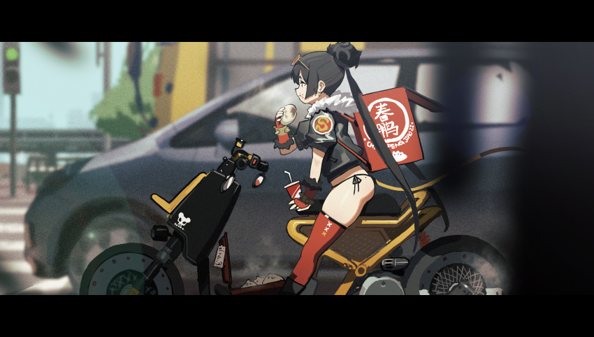 1girl absurdres baozi black_hair black_jacket black_panties blurry blurry_background blurry_foreground commentary delivery depth_of_field double_bun dumpling eating english_commentary eyewear_on_head food from_side fur-trimmed_jacket fur_trim ground_vehicle highres holding holding_food jacket letterboxed long_hair motor_vehicle motorcycle on_motorcycle original panties pink-tinted_eyewear red_legwear riding round_eyewear side-tie_panties solo_focus sunglasses thigh-highs traffic twintails underwear very_long_hair waterkuma