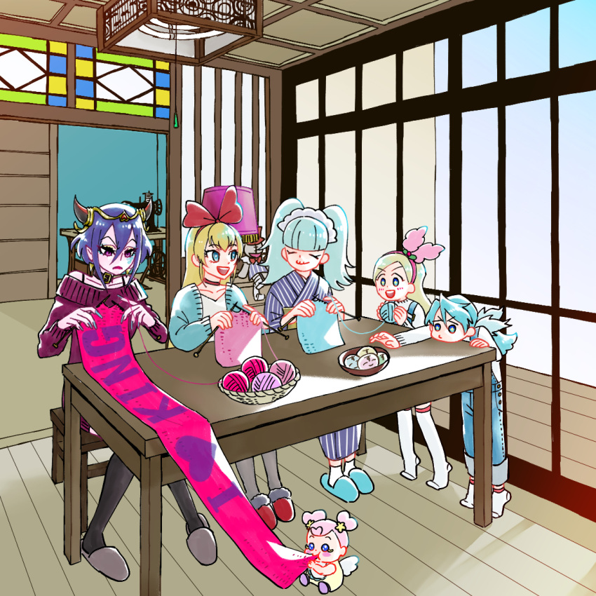 6+girls :d aqua_hair aqua_nails aqua_sweater belt_collar biburi_(precure) blonde_hair blue_eyes blue_hair blue_kimono blush_stickers bow_hairband bowl bright_pupils cardigan chair character_request choker closed_eyes collar collarbone commentary_request dress english_text eyebrows_visible_through_hair facepaint fingernails fur-trimmed_footwear grey_footwear hair_between_eyes hairband headdress heart holding horns indoors japanese_clothes kimono kirakira_precure_a_la_mode knees_together_feet_apart knitting knitting_needle lamp lampshade leaning_forward long_fingernails long_hair looking_at_another monster_rally multiple_girls nail_polish needle off-shoulder_sweater off_shoulder open_mouth outstretched_arm overalls pekorin_(precure) pink_hair precure purple_collar purple_dress purple_hair purple_sweater red_choker red_footwear red_hairband sewing_machine shirt short_hair sidelocks sitting sliding_doors slippers smile socks stained_glass striped striped_kimono sweater sweater_dress table thigh-highs tiptoes white_pupils white_shirt wings wooden_floor yarn yarn_ball