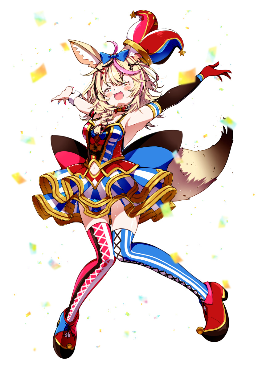 1girl absurdres ahoge animal_ears armpits bare_shoulders bird blonde_hair blush bokkun_(doyagaobyo) bow braid breasts closed_eyes clothing_cutout cuff_links elbow_gloves fox_ears fox_girl gloves hair_ornament hands_up hat highres hololive jumping long_hair looking_at_viewer multicolored_hair navel navel_cutout omaru_polka open_mouth outstretched_arms pink_hair single_glove smile violet_eyes virtual_youtuber
