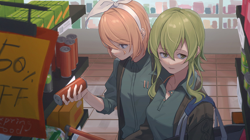 2girls bag blonde_hair blue_eyes blue_shirt bow can canned_food green_eyes green_hair gumi hair_bow highres holding holding_can indoors kagamine_rin multiple_girls shelf shirt shop shopping shopping_cart shoulder_bag sideways_glance sign tile_floor tiles upper_body vocaloid white_bow wounds404