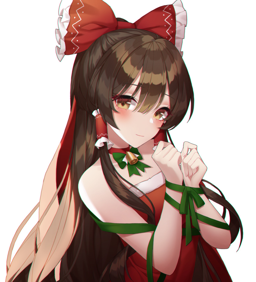 1girl absurdres bare_shoulders bell blush bound bow breasts brown_eyes brown_hair choker christmas chromatic_aberration closed_mouth dress eyebrows_visible_through_hair fur_trim green_ribbon hair_between_eyes hair_bow hair_tubes hakurei_reimu head_tilt highres long_hair looking_at_viewer meoyo red_bow red_choker red_dress ribbon santa_costume sidelocks simple_background small_breasts smile solo strapless strapless_dress touhou upper_body white_background