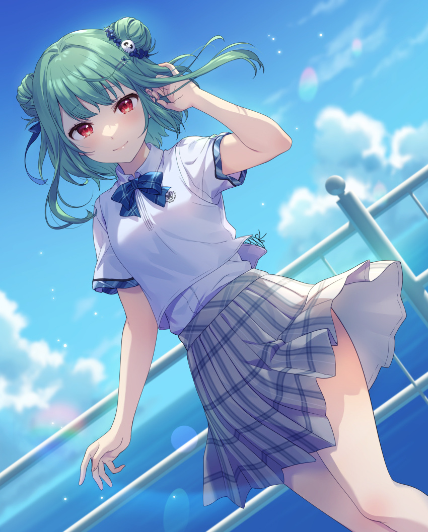 1girl bangs blue_neckwear blue_ribbon blue_sky bow bowtie closed_mouth clouds commentary_request day double_bun eyebrows_visible_through_hair green_hair grey_skirt hair_ornament hair_ribbon highres hololive looking_at_viewer mikami_(mcm_ncb) ocean outdoors plaid plaid_skirt pleated_skirt red_eyes ribbon shirt short_hair short_sleeves skirt skull_hair_ornament sky smile solo standing uruha_rushia virtual_youtuber white_shirt