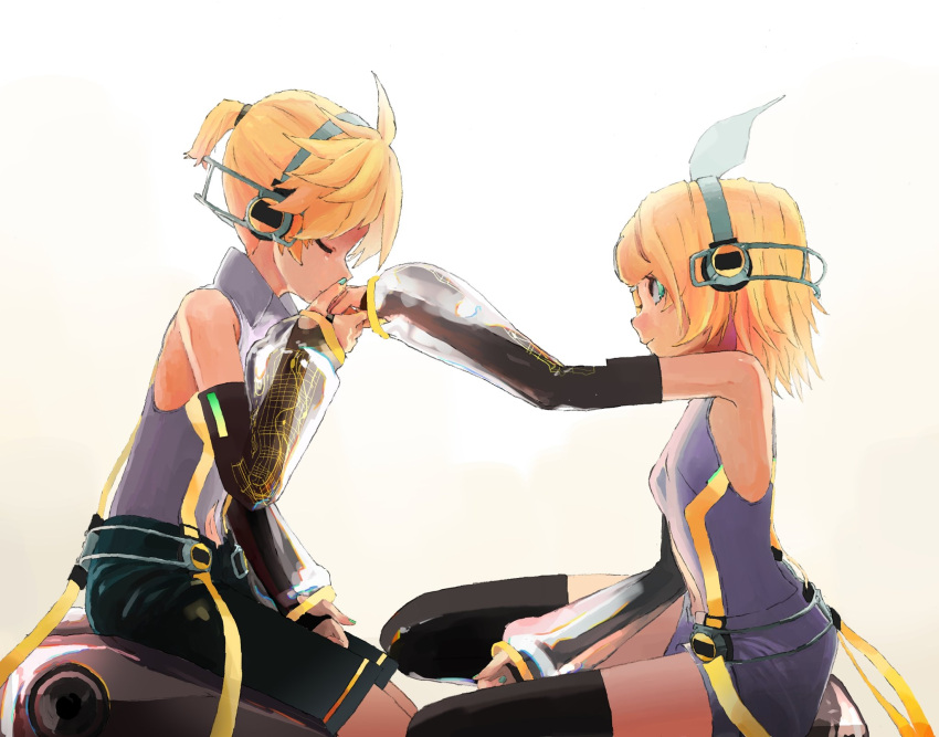 1boy 1girl aqua_nails backlighting bare_shoulders belt black_shorts black_sleeves blonde_hair bodysuit bow closed_eyes commentary d_futagosaikyou detached_sleeves from_side grey_shorts hair_bow hand_kiss headphones highres kagamine_len kagamine_len_(append) kagamine_rin kagamine_rin_(append) kiss leg_warmers looking_at_another nail_polish protected_link see-through_sleeves seiza short_hair short_ponytail shorts sitting speaker spiky_hair taking_another's_hand vocaloid vocaloid_append white_bodysuit white_bow