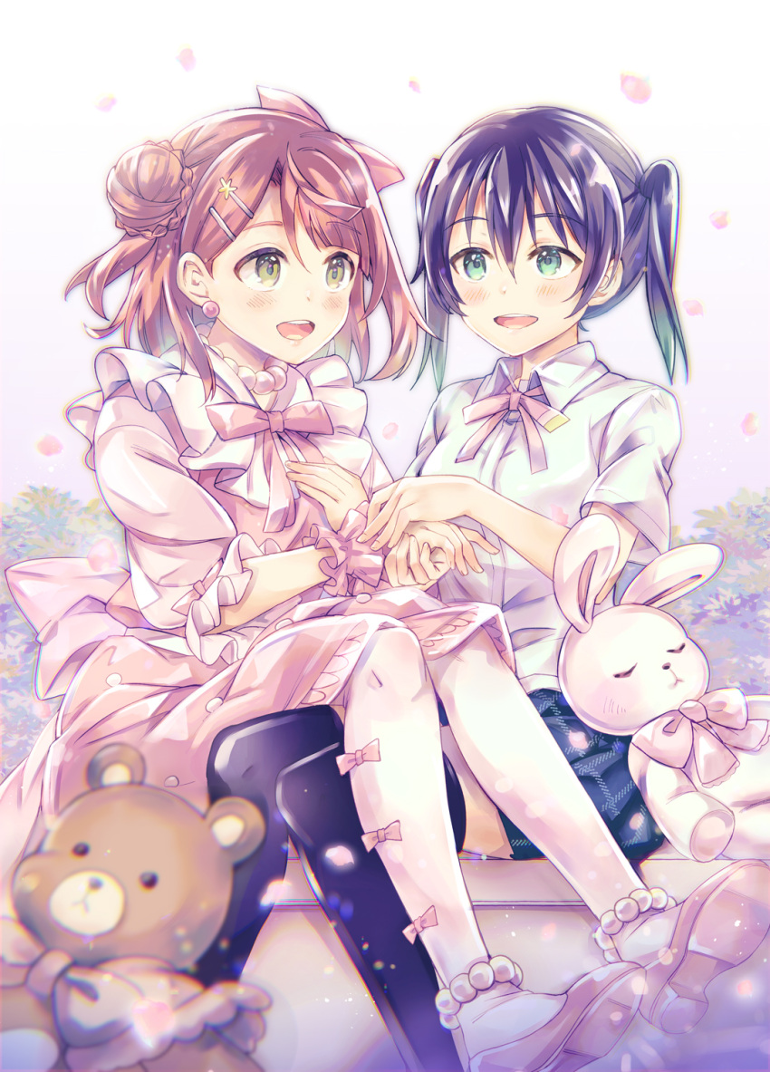 2girls :d anklet bangs blush bow bow_legwear braid braided_bun collared_shirt commentary_request diagonal_stripes dress earrings eyebrows_visible_through_hair green_eyes hair_between_eyes hair_bow hair_ornament hairclip highres holding_hands jewelry long_hair looking_at_viewer love_live! love_live!_nijigasaki_high_school_idol_club multiple_girls necklace open_mouth outdoors pantyhose pearl_anklet pearl_necklace petals pink_bow pink_dress pink_neckwear plaid plaid_skirt purple_hair ribbon shiny shirt short_sleeves sitting skirt smile striped stuffed_animal stuffed_bunny stuffed_toy takasaki_yuu takitarou teddy_bear twintails uehara_ayumu white_legwear wrist_cuffs