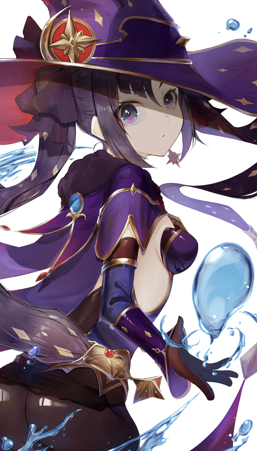 1girl absurdres ass black_legwear blue_eyes breasts cape from_side genshin_impact gloves hat highres looking_at_viewer mage mona_(genshin_impact) open_mouth pantyhose purple_hair r_(ryo) sideboob simple_background small_breasts solo twintails water white_background witch_hat