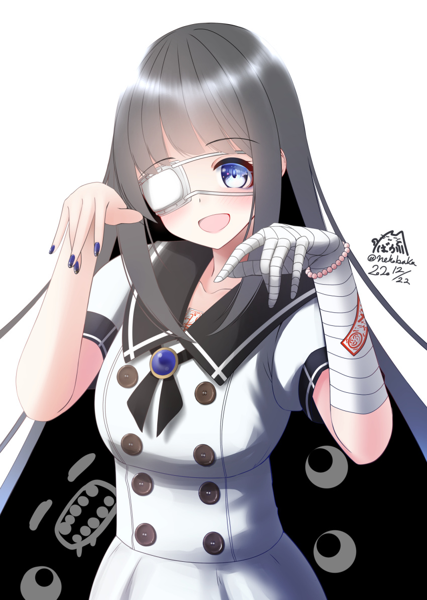 1girl :d bandaged_arm bandaged_hands bandages bangs bead_bracelet beads black_hair black_sailor_collar blue_cape blue_eyes blue_nails blush bracelet breasts cape commentary_request copyright_request dated dress eyebrows_visible_through_hair eyepatch hands_up highres jewelry long_hair medical_eyepatch medium_breasts nail_polish nekobaka ofuda open_mouth puffy_short_sleeves puffy_sleeves sailor_collar sailor_dress short_sleeves signature simple_background smile tareme twitter_username upper_body virtual_youtuber white_background white_dress