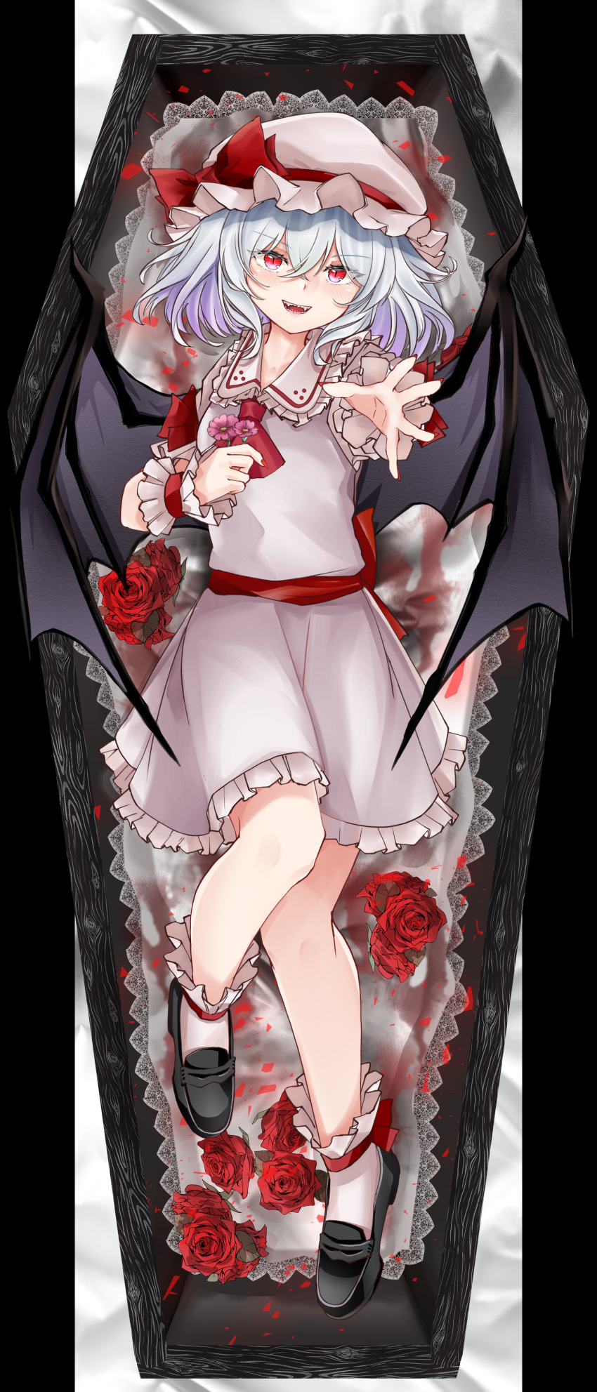 1girl absurdres bat_wings blue_hair bow coffin commentary cravat dress fangs flower frilled_dress frilled_shirt frilled_shirt_collar frills full_body hat hat_ribbon highres looking_at_viewer lying medium_hair mob_cap pink_dress pink_flower reaching_out red_bow red_eyes red_flower red_ribbon red_rose remilia_scarlet ribbon rose sarasadou_dan sharp_teeth shirt smile solo teeth touhou wings wrist_cuffs