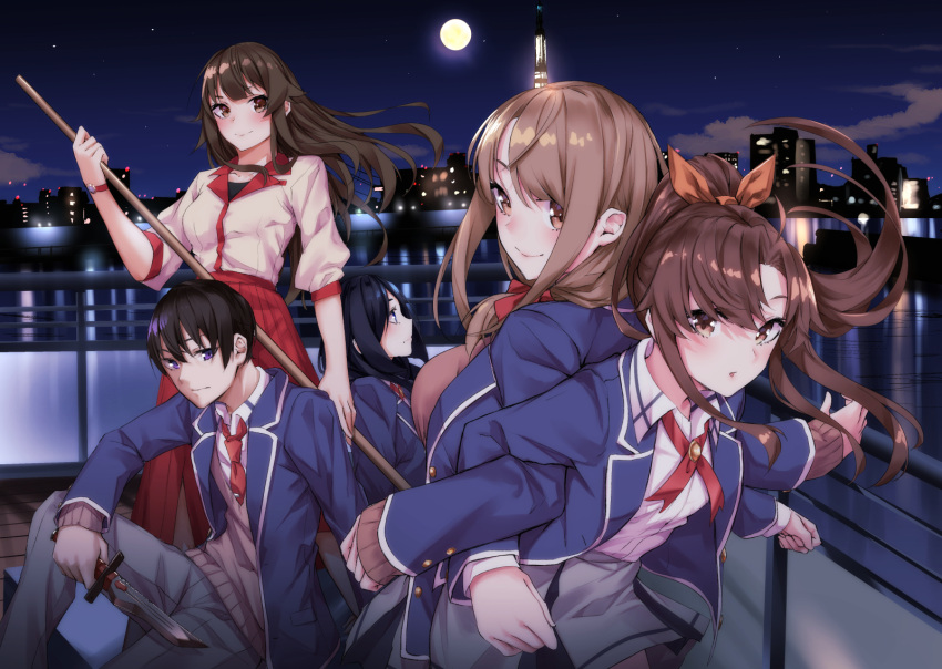 1boy 4girls :o akitsu_maya arm_support back-to-back bangs black_hair black_undershirt blue_hair blue_jacket blush bow breasts brown_eyes brown_hair brown_sweater cityscape closed_mouth collarbone commentary dagger expressionless eyebrows_behind_hair floating_hair fuyushima_enishi grey_pants grey_skirt hair_between_eyes hair_bow hair_over_shoulder hand_on_own_knee hand_up harumachi_hashira highres holding holding_dagger holding_knife holding_staff holding_weapon horizon jacket knife layered_sleeves leaning_back leaning_forward light_brown_hair locked_arms long_hair long_skirt long_sleeves looking_at_viewer looking_back low-tied_long_hair medium_breasts moon multiple_girls natsuno_hiyori neck_ribbon necktie night open_clothes open_jacket orange_bow outdoors pants pleated_skirt ponytail profile puffy_short_sleeves puffy_sleeves purple_hair railing red_bow red_neckwear red_skirt ribbon sahara386 saino_souhei school_uniform sex_and_dungeon shirt shirt_tucked_in short_hair short_sleeves sidelocks sitting skirt sleeves_past_wrists small_breasts smile staff standing sweater tied_hair violet_eyes watch watch water weapon white_shirt