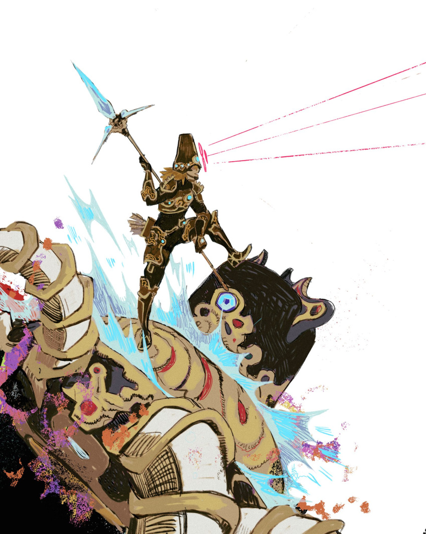 1boy 1other armor arrow_(projectile) blonde_hair blue_eyes blue_fire breastplate bug commentary elbow_on_knee english_commentary fire from_side full_armor full_body greaves guardian_(breath_of_the_wild) helmet highres holding holding_weapon link looking_ahead mai_(marmastry) neon_trim polearm quiver shoulder_armor simple_background standing the_legend_of_zelda the_legend_of_zelda:_breath_of_the_wild weapon white_background wide_shot