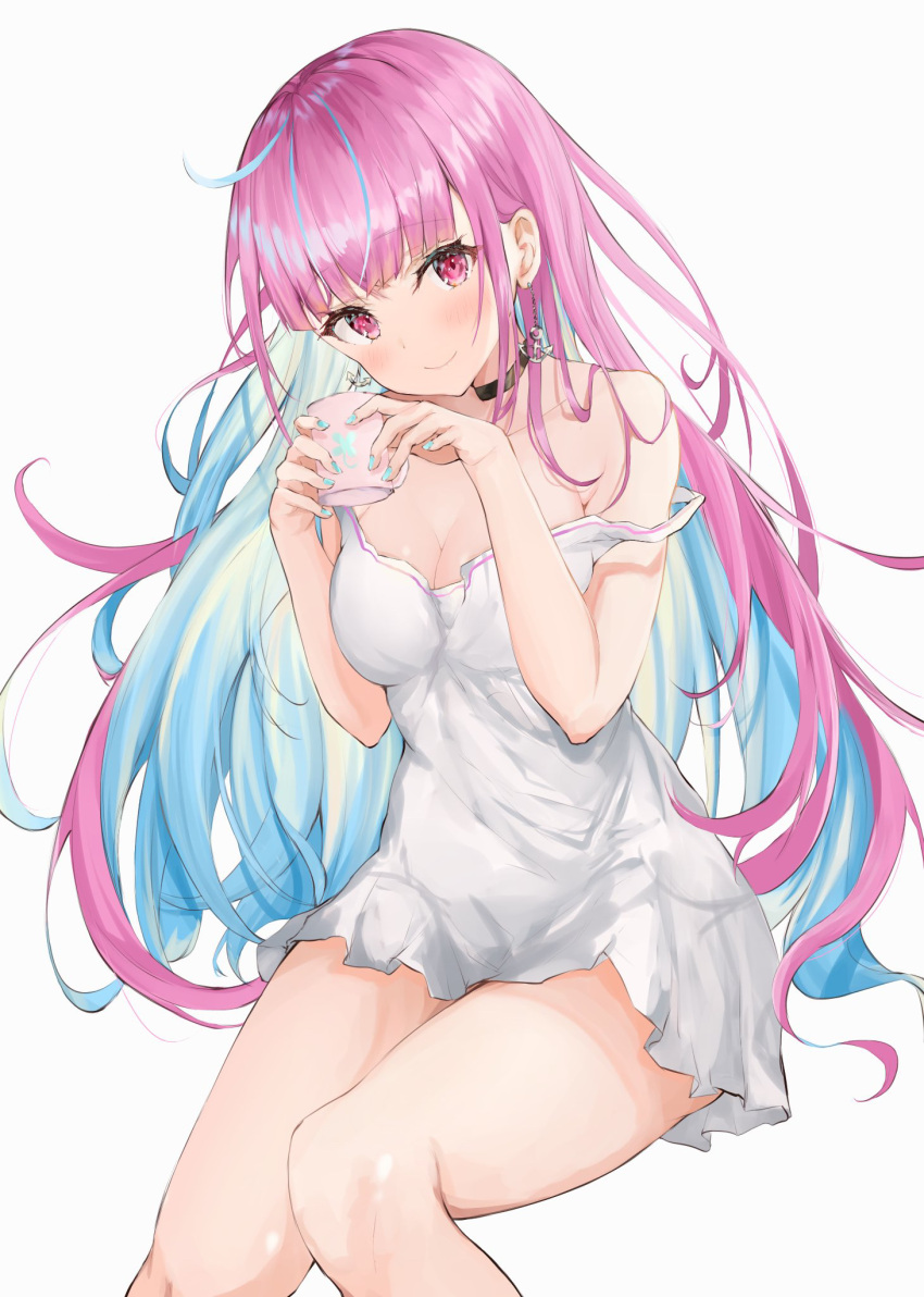 1girl anchor_earrings bangs bare_shoulders black_choker blue_hair blue_nails blush breasts choker colored_inner_hair cup dress earrings eyebrows_visible_through_hair head_tilt highres holding holding_cup hololive invisible_chair jewelry large_breasts long_hair looking_at_viewer mikanagi_yuri minato_aqua mug multicolored_hair purple_hair short_dress simple_background sitting smile solo strap_slip thighs two-tone_hair very_long_hair violet_eyes virtual_youtuber white_background white_dress