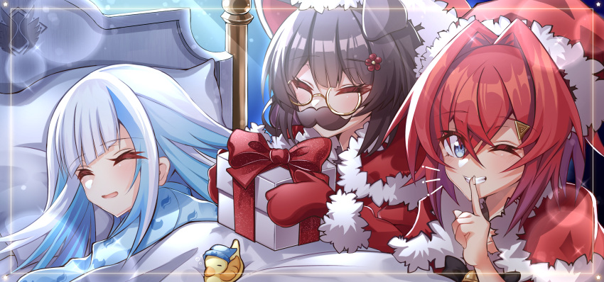 3girls absurdres ange_katrina bangs bed bell bird blue_eyes blue_hair brown_hair christmas colored_inner_hair eyebrows_visible_through_hair finger_to_mouth flower fur_trim gift hair_between_eyes hair_flower hair_ornament hat highres holding holding_gift inui_toko lize_helesta looking_at_viewer multicolored_hair multiple_girls nijisanji one_eye_closed open_mouth papa-kun_(destiny549-2) red_mittens redhead santa_hat sebastian_piyodore short_hair sleeping smile triangle_hair_ornament under_covers v virtual_youtuber white_hair