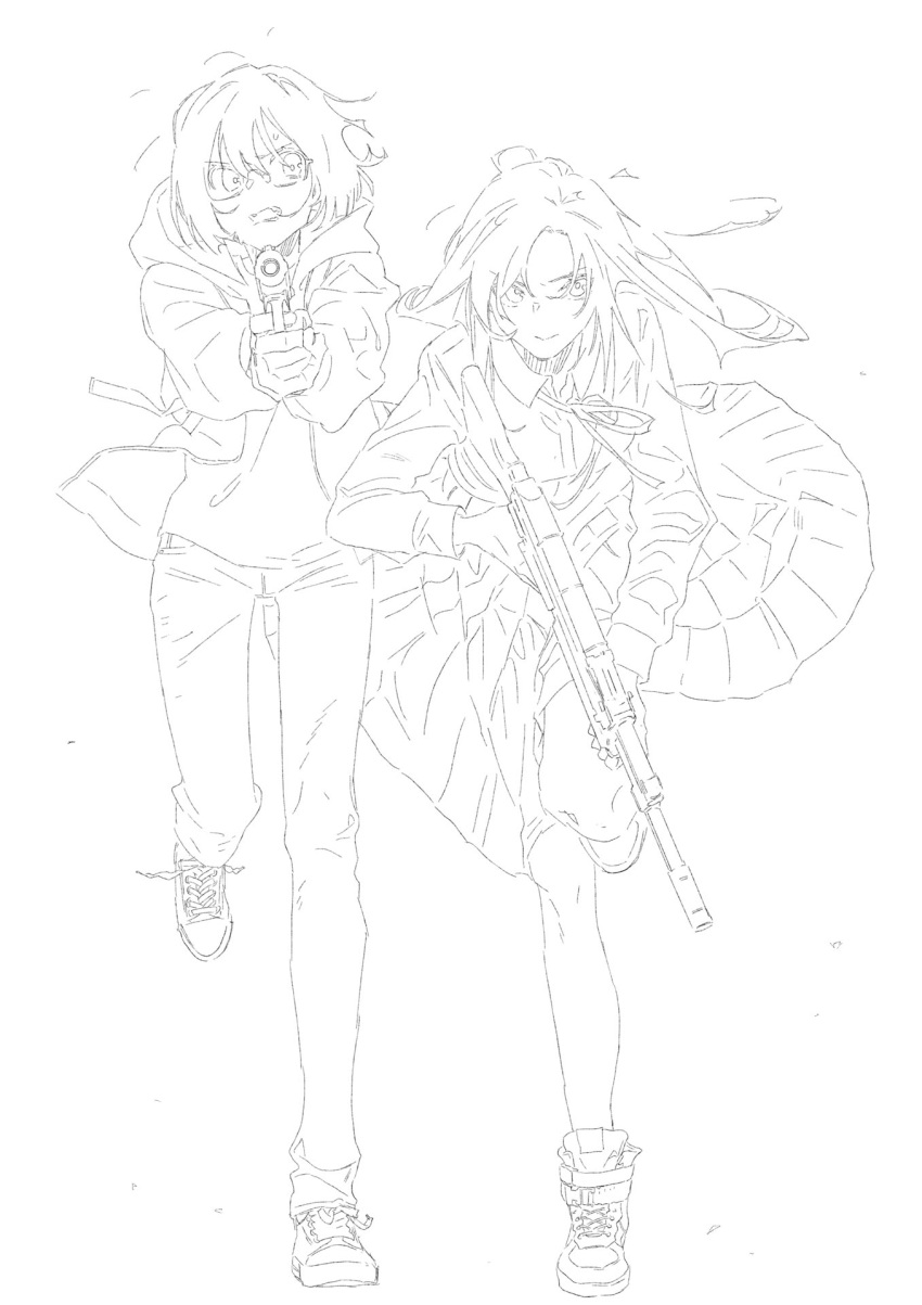 (stag) 2girls finger_on_trigger glasses gun handgun highres holding holding_gun holding_weapon jacket kamikoshi_sorao long_hair monochrome multiple_girls nishina_toriko pants short_hair skirt standing urasekai_picnic weapon