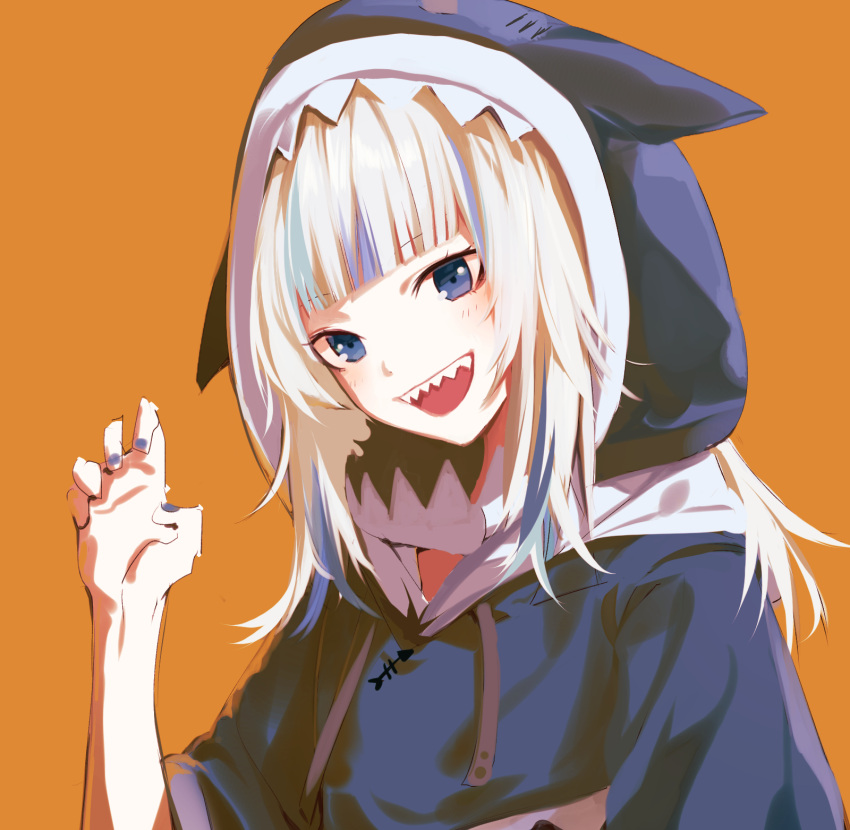 1girl :d animal_costume animal_hood bangs blue_eyes blue_hair blue_hoodie blue_nails blunt_bangs blush claw_pose commentary_request eyebrows_visible_through_hair gawr_gura hand_up happy highres hololive hololive_english hood hood_up hoodie long_hair looking_at_viewer matsunaga777 multicolored_hair nail_polish open_mouth orange_background shark_costume shark_hood sharp_teeth silver_hair simple_background smile solo streaked_hair teeth upper_body virtual_youtuber
