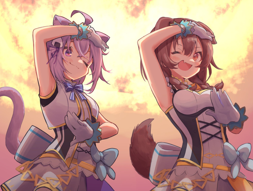 2girls ahoge alternate_costume animal_ears belt belt_chain blue_bow bow bowtie braid breasts brown_eyes brown_hair cat_ears cat_tail corset cowboy_shot cropped_jacket dog_ears dog_tail fang fire food gloves hand_to_forehead highres hololive idol_clothes inugami_korone jacket looking_at_viewer low_twintails medium_breasts multiple_girls music nekomata_okayu nonstop_story one_eye_closed onigiri open_mouth purple_hair singing skirt small_breasts tail tamasa_yamoto triangle_chain twin_braids twintails violet_eyes white_gloves white_jacket wrist_cuffs
