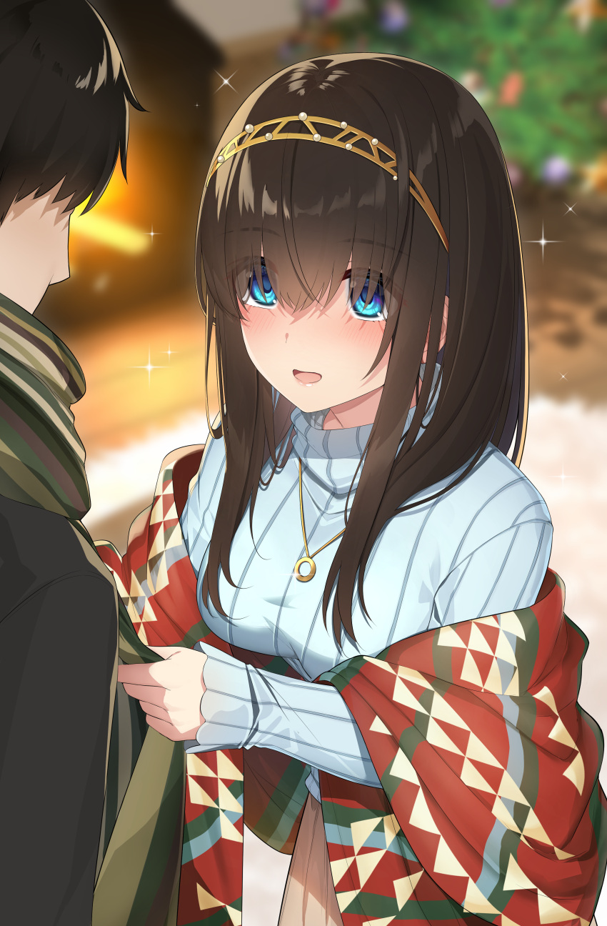 1boy 1girl :d absurdres adjusting_scarf beige_skirt black_hair black_jacket blue_eyes blue_sweater blush breasts brown_hair christmas christmas_ornaments christmas_tree eyebrows_visible_through_hair faceless go-1 green_scarf hair_between_eyes hair_over_eyes hair_over_shoulder hairband highres idolmaster idolmaster_cinderella_girls indoors jacket jewelry long_hair long_sleeves medium_breasts necklace open_mouth pleated_skirt ribbed_sweater ring_necklace rug sagisawa_fumika scarf shawl skirt smile sparkle sweater turtleneck wooden_floor