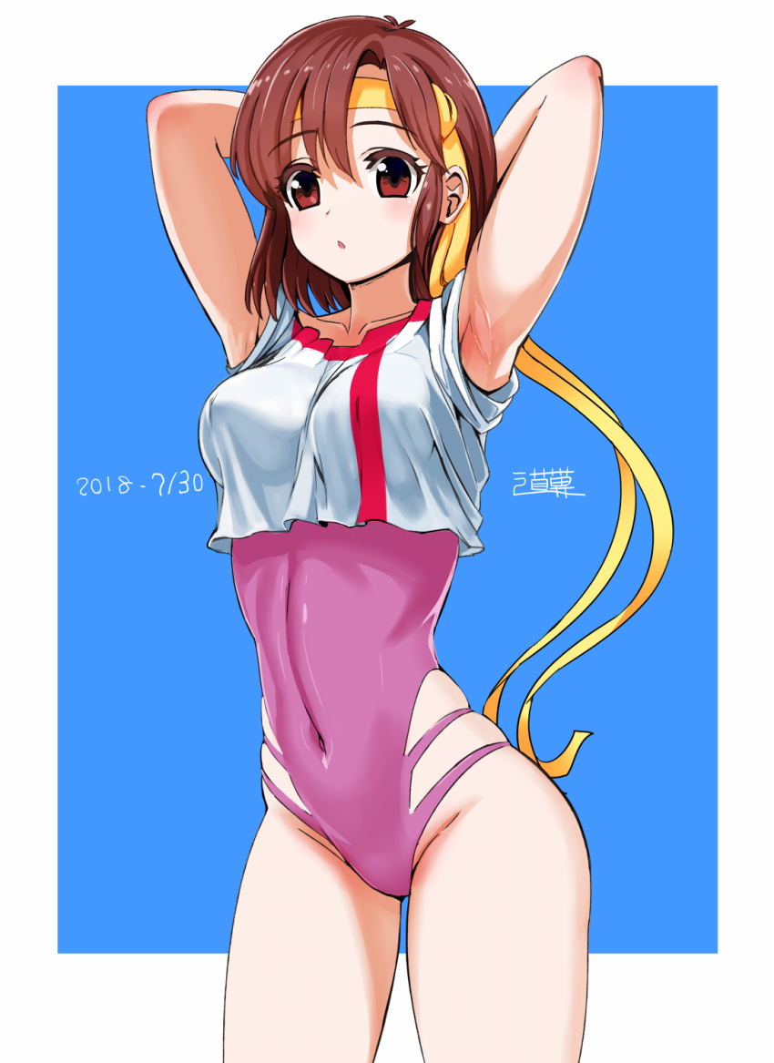 1girl :o armpits bangs breasts brown_eyes brown_hair covered_navel crop_top dated eyebrows_visible_through_hair highres leotard_under_clothes looking_at_viewer looking_down medium_breasts michi_kuso open_mouth pilot_suit short_hair skin_tight skindentation solo takaya_noriko top_wo_nerae! white_background yellow_headband