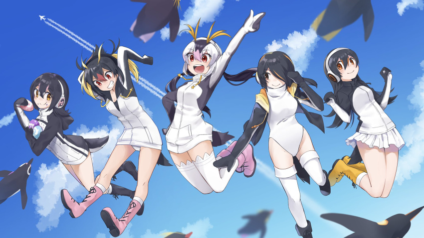 5girls bird black_footwear black_hair black_hoodie blonde_hair boots commentary_request drawstring eating emperor_penguin_(kemono_friends) everyone eyebrows_visible_through_hair food gentoo_penguin_(kemono_friends) hair_between_eyes hair_over_one_eye headphones highres hood hood_down hoodie humboldt_penguin_(kemono_friends) isobee japari_bun kemono_friends long_hair long_sleeves midair multicolored_hair multiple_girls one-piece_swimsuit open_clothes open_hoodie orange_hair penguin penguins_performance_project_(kemono_friends) pink_footwear pink_hair purple_hair red_eyes redhead rockhopper_penguin_(kemono_friends) royal_penguin_(kemono_friends) short_hair swimsuit thigh-highs twintails two-tone_hoodie white_hair white_hoodie white_legwear white_swimsuit yellow_footwear zettai_ryouiki