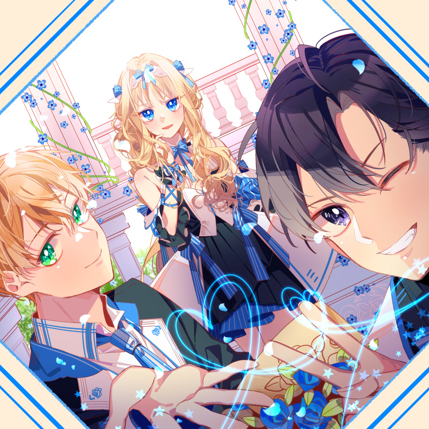 1girl 2boys :d absurdres alice_zuberg blonde_hair blue_bow blue_eyes blue_neckwear blue_ribbon bow closed_mouth dress eugeo fingernails green_eyes hair_ribbon highres kirito long_hair looking_at_viewer multiple_boys one_eye_closed open_mouth reaching_out ribbon smile sword_art_online sword_art_online:_alicization v vest violet_eyes white_background yuan_haruka