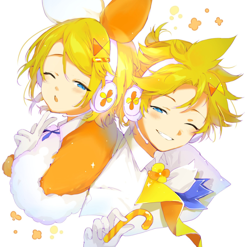 1boy 1girl blonde_hair blue_eyes bow candy candy_cane capelet chestnut_mouth commentary cropped_torso food fur-trimmed_capelet fur_trim gloves grin hair_bow half-closed_eye headphones headset highres holding holding_candy_cane kagamine_len kagamine_rin looking_at_viewer magical_mirai_(vocaloid) neckerchief one_eye_closed orange_bow orange_capelet oyamada_gamata short_ponytail smile spiky_hair two-tone_bow upper_body v vocaloid white_bow white_capelet white_gloves