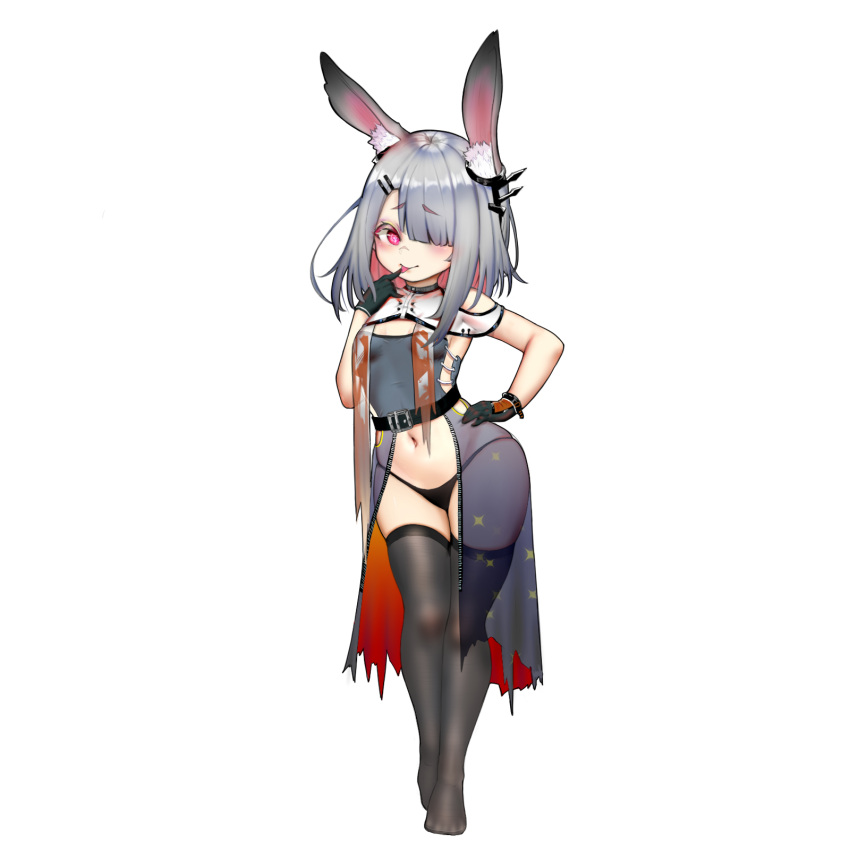 1girl animal_ear_fluff animal_ears arknights bikini black_bikini black_dress black_gloves black_legwear breasts chinese_commentary commentary_request dress finger_to_mouth frostnova_(arknights) full_body gloves groin hair_ornament hair_over_one_eye hairclip hand_on_hip hand_to_own_mouth highres legs navel open_clothes open_dress rabbit_ears red_eyes see-through short_hair side-tie_bikini silver_hair simple_background sleeveless sleeveless_dress small_breasts smile solo swimsuit taitai thigh-highs thigh_gap thighs tongue tongue_out white_background