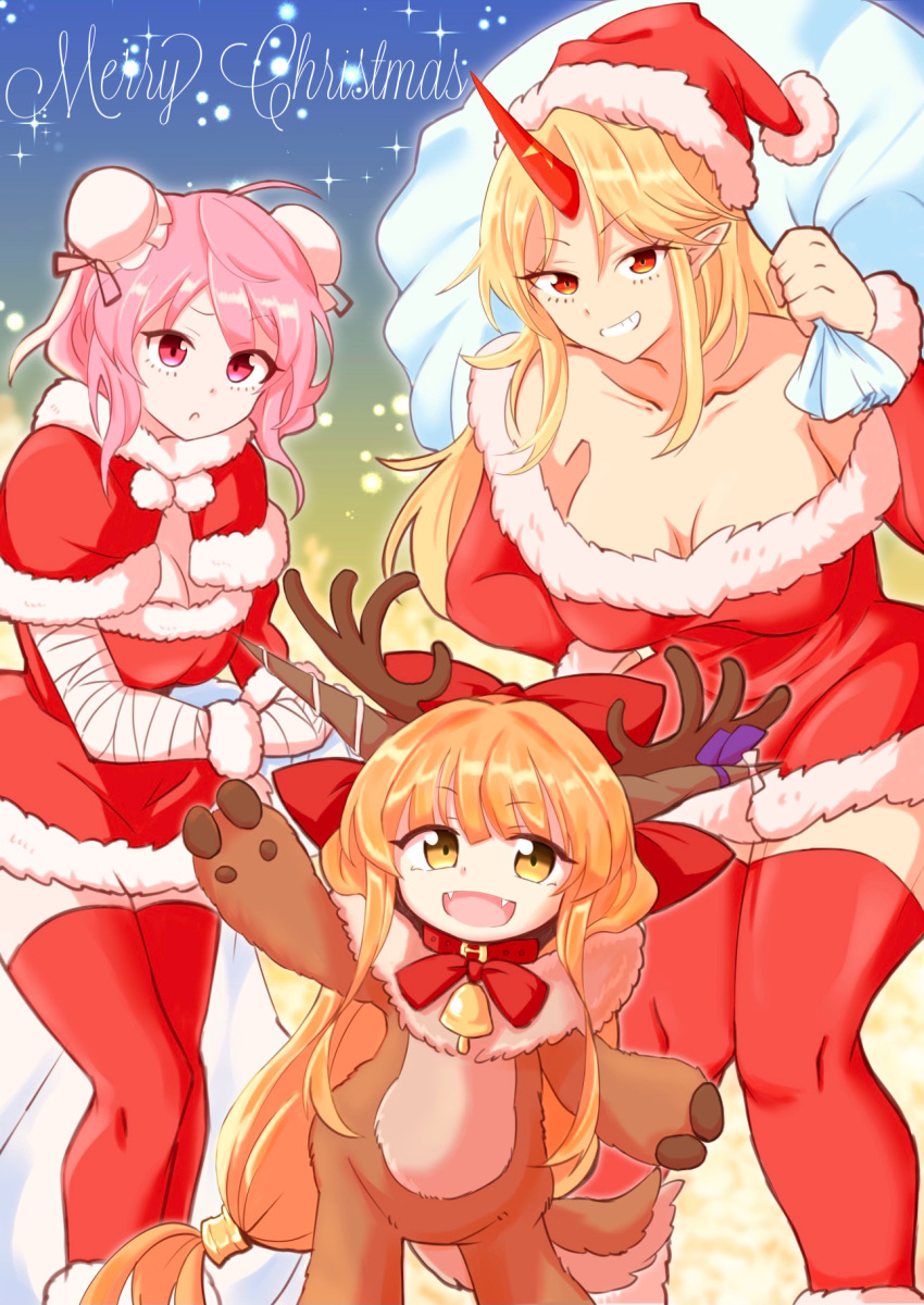 3girls :o ahoge animal_costume antlers arm_up bandaged_arm bandages bangs bare_shoulders bell blonde_hair bow bowtie breasts bun_cover capelet christmas collar collarbone commentary deer_tail double_bun dress fake_antlers fangs feet_out_of_frame fugaku_(miko_no_miyatsuguchi) fur-trimmed_capelet fur-trimmed_dress fur-trimmed_headwear fur-trimmed_sleeves fur_cuffs fur_trim grin hair_bow hat highres holding holding_sack horn_ornament horn_ribbon horns hoshiguma_yuugi ibaraki_kasen ibuki_suika knees_together_feet_apart large_breasts long_hair looking_at_viewer low-tied_long_hair merry_christmas multiple_girls off-shoulder_dress off_shoulder oni open_mouth orange_hair outstretched_arm pink_eyes pink_hair pointy_ears purple_ribbon red_bow red_capelet red_dress red_eyes red_headwear red_horns red_legwear red_neckwear reindeer_antlers reindeer_costume ribbon sack santa_costume santa_hat short_dress short_hair sidelocks single_horn size_difference smile smirk sparkle swept_bangs tail thigh-highs touhou very_long_hair waving white_ribbon wrist_cuffs yellow_eyes