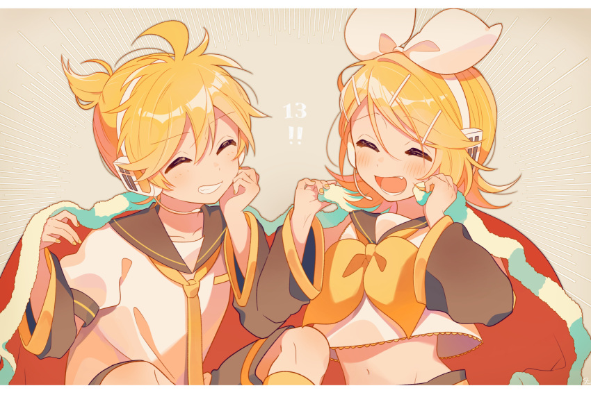 !! +++ 1boy 1girl 4_(nakajima4423) beige_background blonde_hair border capelet clenched_teeth closed_eyes collarbone commentary_request detached_sleeves dot_nose eyebrows_visible_through_hair facing_viewer fingernails flat_chest fur-trimmed_capelet fur_trim furrowed_eyebrows grin hair_between_eyes hair_ornament hair_ribbon hairclip hands_up happy headset high_ponytail hip_bones kagamine_len kagamine_rin laughing light_blush midriff navel neck_ribbon necktie number puffy_sleeves red_capelet ribbon shiny shiny_hair shirt short_ponytail short_sleeves side-by-side simple_background smile tareme teeth upper_body vocaloid white_border white_ribbon white_shirt yellow_nails yellow_neckwear yellow_ribbon