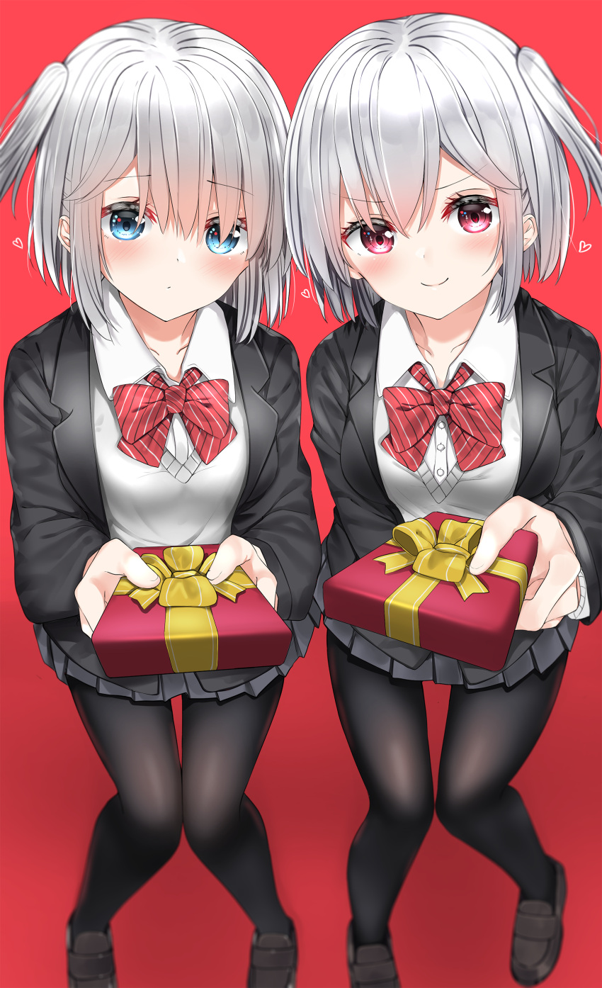&gt;:) 2girls absurdres bangs black_footwear black_jacket black_legwear black_skirt blazer blue_eyes blush bow box closed_mouth collared_shirt diagonal_stripes dress_shirt eyebrows_visible_through_hair gift gift_box hair_between_eyes heart highres holding holding_gift jacket loafers long_sleeves looking_at_viewer multiple_girls neku_(neku_draw) one_side_up open_blazer open_clothes open_jacket original pantyhose pleated_skirt red_background red_bow red_eyes shirt shoes silver_hair simple_background skirt smile striped striped_bow sweater_vest v-shaped_eyebrows white_shirt