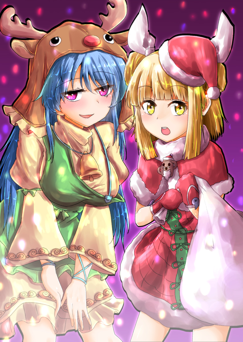 2girls animal_costume apron arm_ribbon bangs bell blonde_hair blue_hair blunt_bangs capelet commentary_request cowboy_shot dress eyebrows_visible_through_hair fur_trim gloves green_apron hair_ribbon haniwa_(statue) haniyasushin_keiki hat highres jewelry joutouguu_mayumi long_hair looking_at_viewer multiple_girls necklace open_mouth oshiaki purple_hair red_capelet red_dress red_gloves reindeer_costume ribbon sack santa_costume santa_hat smile touhou upper_teeth yellow_dress yellow_eyes