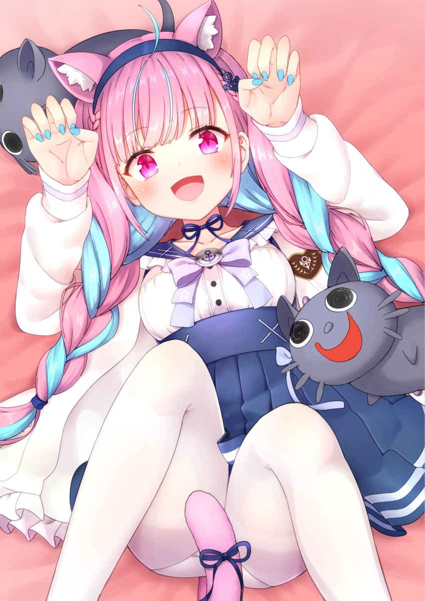1girl :d ahoge animal_ears bangs bed_sheet blue_hair blue_hairband blue_nails blue_ribbon blue_sailor_collar blue_skirt braid breasts cat_ears cat_girl cat_tail claw_pose commentary_request eyebrows_visible_through_hair faubynet feet_out_of_frame frilled_sailor_collar frills hairband hands_up highres hololive jacket knees_up long_hair looking_at_viewer lying medium_breasts minato_aqua multicolored_hair nail_polish neko_(minato_aqua) on_back open_clothes open_jacket open_mouth pantyhose pink_hair pleated_skirt purple_hair revision ribbon sailor_collar shirt skirt smile tail tail_ornament tail_ribbon thighband_pantyhose twin_braids twintails two-tone_hair very_long_hair virtual_youtuber white_jacket white_legwear white_shirt