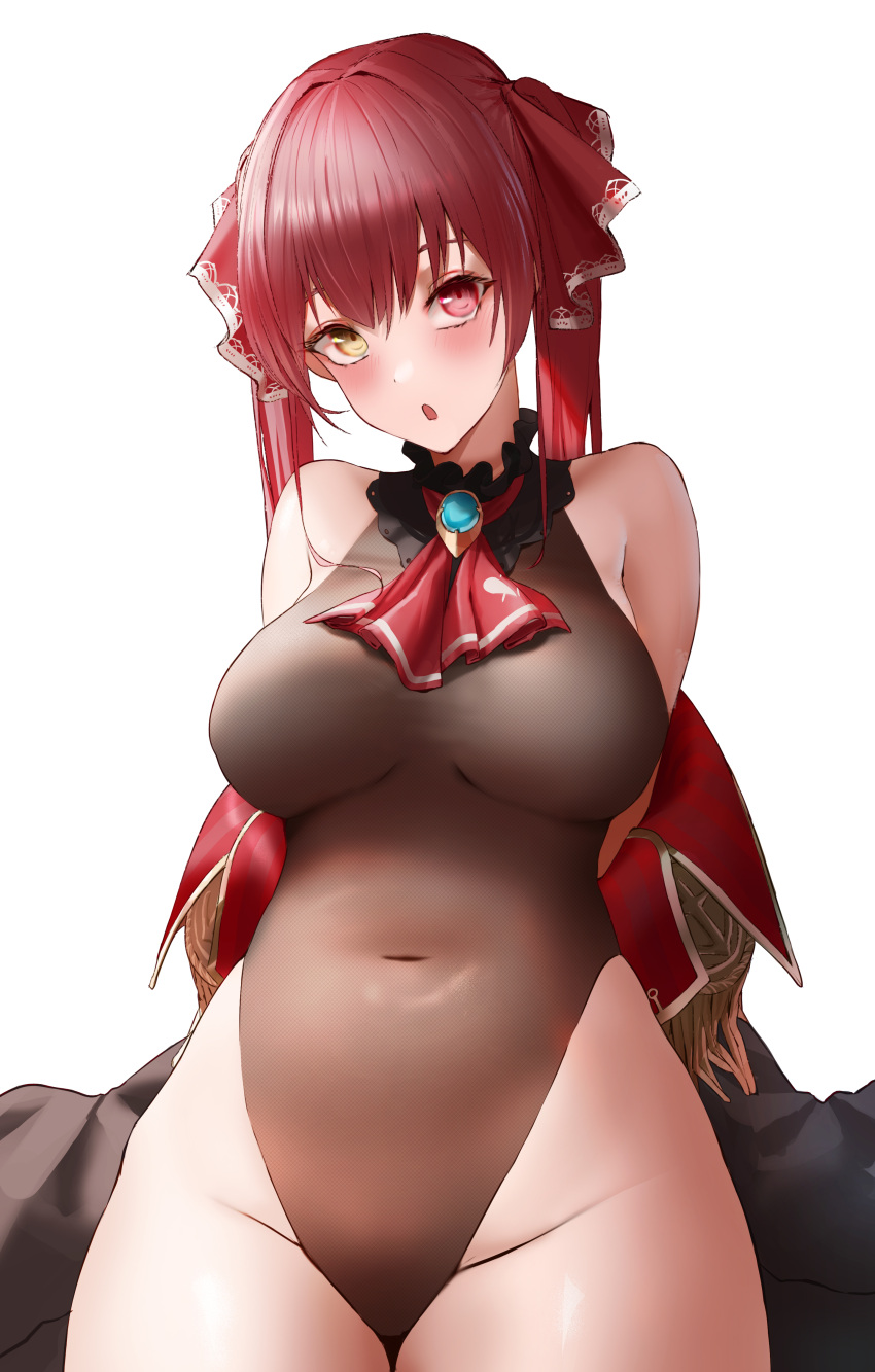 1girl :o absurdres arms_behind_back ascot bare_shoulders blush breasts brooch coat_partially_removed commentary covered_navel cowboy_shot curvy frilled_shirt_collar frills groin hair_ribbon heterochromia highleg highleg_leotard highres hololive houshou_marine jewelry large_breasts leotard long_hair looking_at_viewer open_mouth plump red_ascot red_eyes red_ribbon redhead ribbon sheer_leotard solo thighs twintails virtual_youtuber wanne wide_hips yellow_eyes