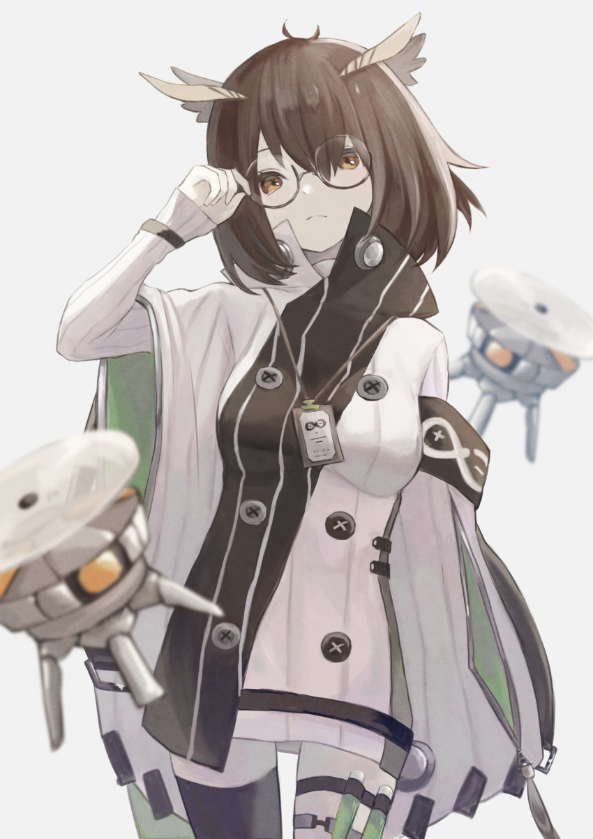 1girl 99noe_honoka arknights arm_up armband black_legwear blurry breasts brown_eyes brown_hair buttons coat commentary cowboy_shot depth_of_field drone feather_hair glasses hair_between_eyes highres id_card looking_at_viewer medium_breasts medium_hair mismatched_legwear owl_ears rhine_lab_logo silence_(arknights) simple_background solo standing thigh-highs thigh_strap vial white_background white_coat