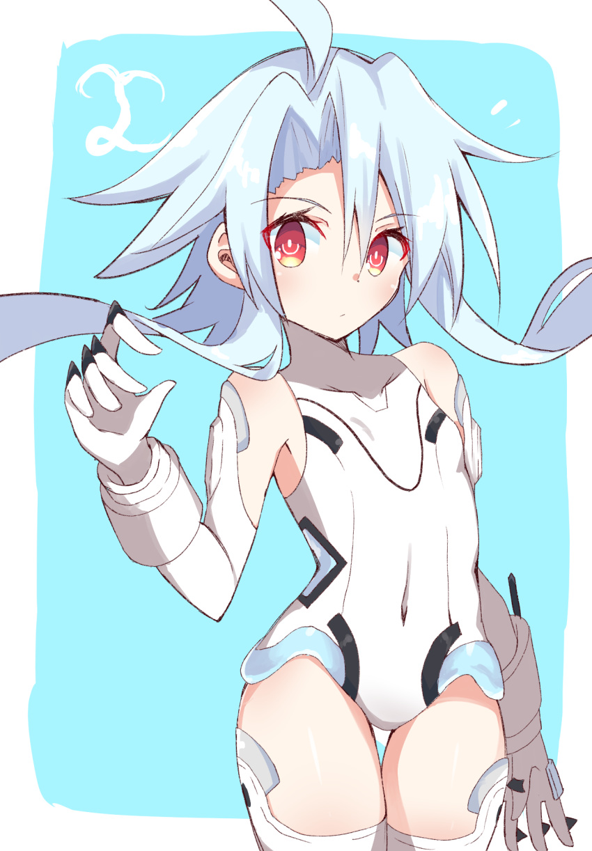 1girl ahoge bare_shoulders blush breasts elbow_gloves gloves hair_between_eyes highres leotard light_blue_hair looking_at_viewer neptune_(series) power_symbol red_eyes shimeji_wyvern short_hair_with_long_locks small_breasts solo symbol-shaped_pupils thigh-highs white_gloves white_heart white_leotard