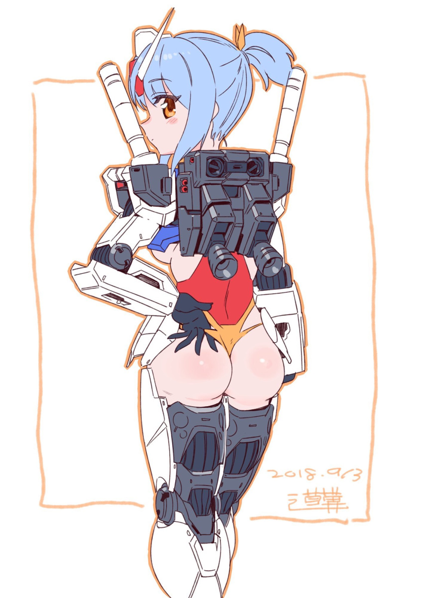 1girl ass backpack bag black_gloves blue_hair blush breasts brown_eyes dated from_behind gloves gundam highres leotard leotard_pull looking_at_viewer looking_back mecha_musume medium_breasts michi_kuso mobile_suit_gundam personification rx-78-2 solo thrusters tied_hair under_boob v-fin