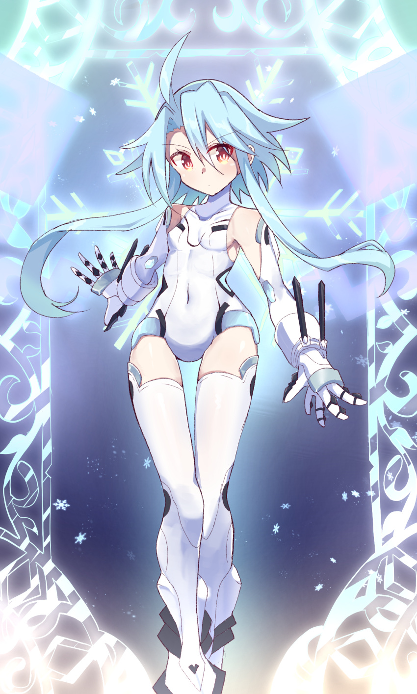 1girl absurdres ahoge bare_shoulders blush breasts elbow_gloves gloves hair_between_eyes highres leotard light_blue_hair looking_at_viewer neptune_(series) power_symbol red_eyes shimeji_wyvern short_hair_with_long_locks small_breasts solo symbol-shaped_pupils thigh-highs white_gloves white_heart white_leotard