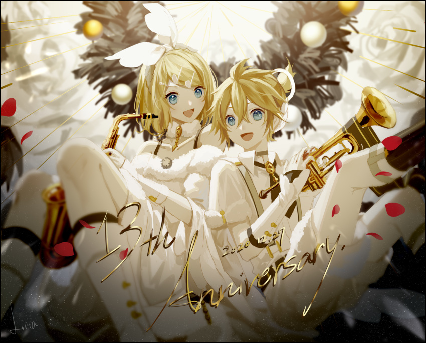 1boy 1girl anniversary backlighting bangs black_neckwear blonde_hair boots bow commentary dated dress fur-trimmed_collar fur-trimmed_dress fur_trim hair_bow hair_ornament hairclip highres holding holding_instrument instrument kagamine_len kagamine_rin knee_boots looking_at_viewer musical_note musical_note_hair_ornament necktie off-shoulder_dress off_shoulder open_mouth orb petals quarter_note saxophone shawl shirt short_hair short_ponytail shorts signature smile spiky_hair swept_bangs trumpet vocaloid white_bow white_dress white_footwear white_shawl white_shirt white_shorts white_uniform wings wreath yamiluna39