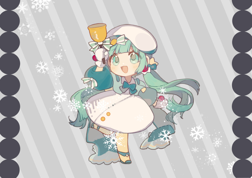1girl absurdres aqua_eyes aqua_hair aqua_neckwear arm_up bell beret bow bowtie chibi commentary dress earrings english_commentary full_body gloves grey_background hat hatsune_miku highres holding holding_bell jewelry kakami_(pixiv7616827) long_hair open_mouth smile snowflakes solo twintails very_long_hair vocaloid white_dress white_gloves white_headwear yellow_legwear