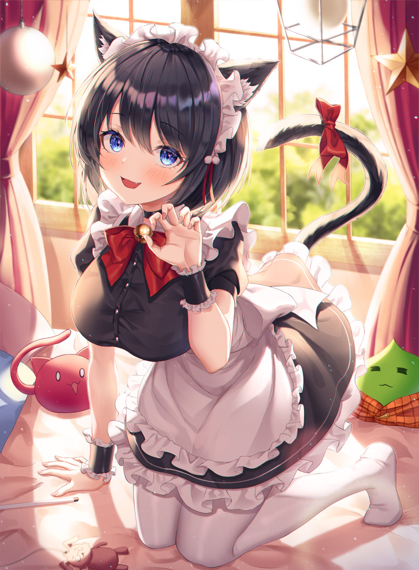 1girl absurdres animal_ears bauble bell black_hair blue_eyes blush bow bowtie breasts cat_ears cat_girl cat_tail fall_(aki) fang highres maid maid_headdress no_shoes original slime star_(symbol) tail tail_bow tail_ornament white_legwear wrist_cuffs