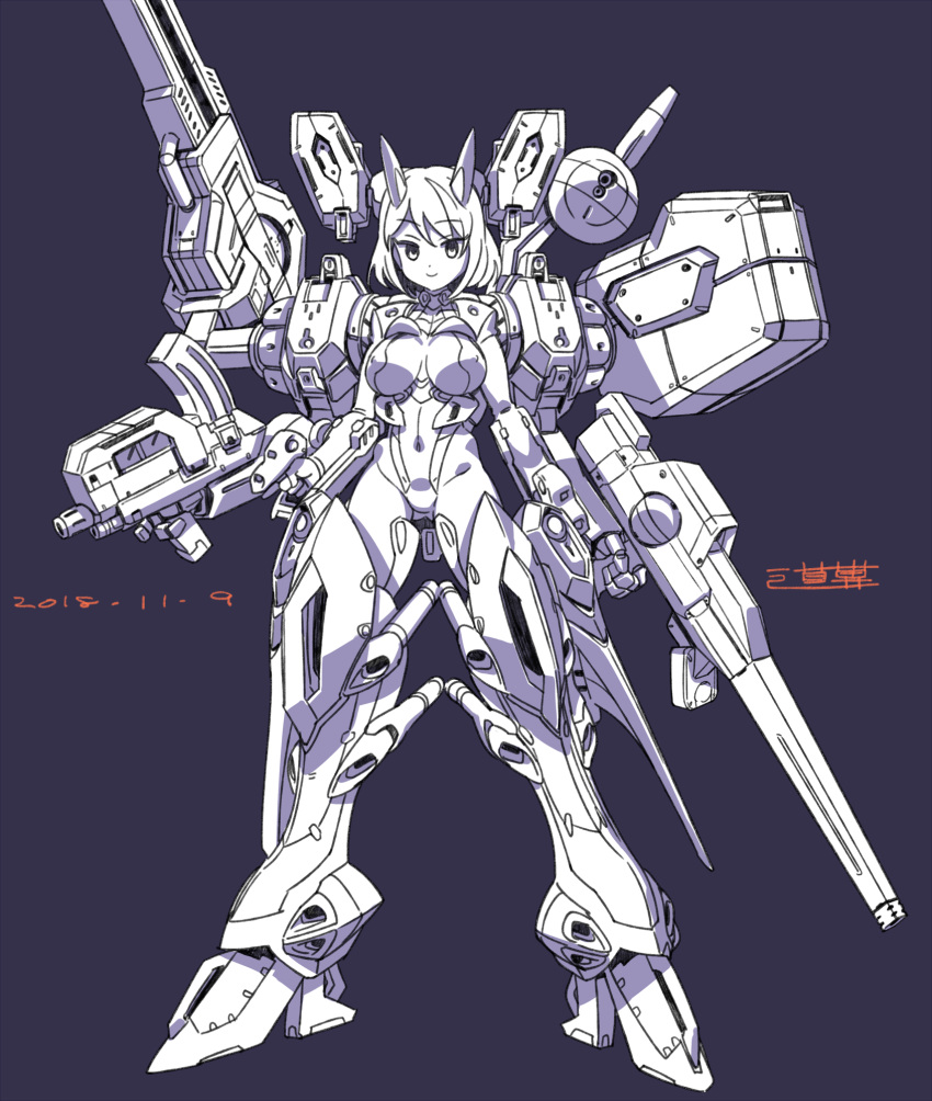 1girl breasts covered_nipples dated dendrobium_schema dual_wielding eyebrows_visible_through_hair grey_background grey_eyes gun gundam gundam_0083 highres holding holding_gun holding_weapon large_breasts looking_at_viewer mecha_musume medium_hair michi_kuso personification signature solo weapon white_hair