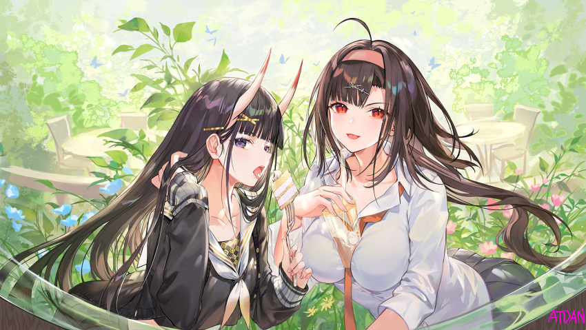 2girls :d ahoge alternate_costume atdan azur_lane bent_over between_breasts black_hair black_serafuku black_shirt black_skirt breasts brown_hair casual collarbone collared_shirt cup day disposable_cup fork gradient hair_ornament hairband hairclip highres holding horns independence_(azur_lane) large_breasts long_hair long_sleeves looking_at_viewer miniskirt multiple_girls nature neckerchief necktie noshiro_(azur_lane) oni_horns open_mouth outdoors pleated_skirt red_eyes sailor_collar school_uniform serafuku shirt skirt smile tongue tongue_out violet_eyes white_shirt x_hair_ornament
