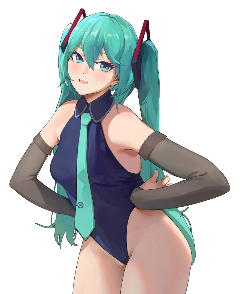 1girl absurdres bare_shoulders blue_eyes blue_hair blue_leotard blue_necktie collared_leotard cowboy_shot detached_sleeves grey_sleeves hands_on_hips hatsune_miku highres leotard long_hair looking_at_viewer necktie parted_lips rocher-hd simple_background smile solo symbol-only_commentary twintails very_long_hair vocaloid white_background