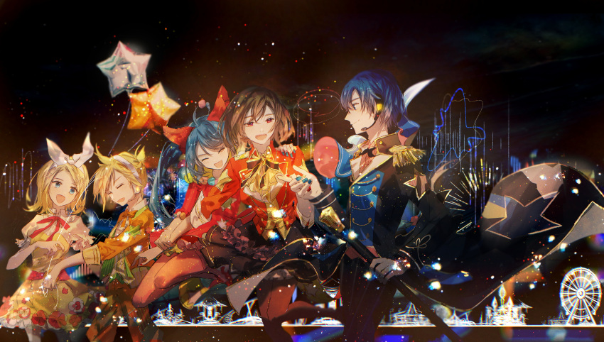 2boys 3girls absurdres balloon band_uniform bangs black_jacket blonde_hair blue_eyes blue_hair bow brown_eyes brown_hair cityscape closed_eyes commentary dress epaulettes ferris_wheel frilled_dress frills hair_bow hair_ornament hairclip hatsune_miku headphones headset highres holding holding_wand jacket kagamine_len kagamine_rin kaito karanagare_4 long_hair meiko multiple_boys multiple_girls night night_sky open_mouth orange_jacket project_sekai red_jacket short_hair short_ponytail short_sleeves sky smile spiky_hair star_(sky) star_balloon starry_sky swept_bangs twintails uniform vocaloid wand white_bow yellow_dress