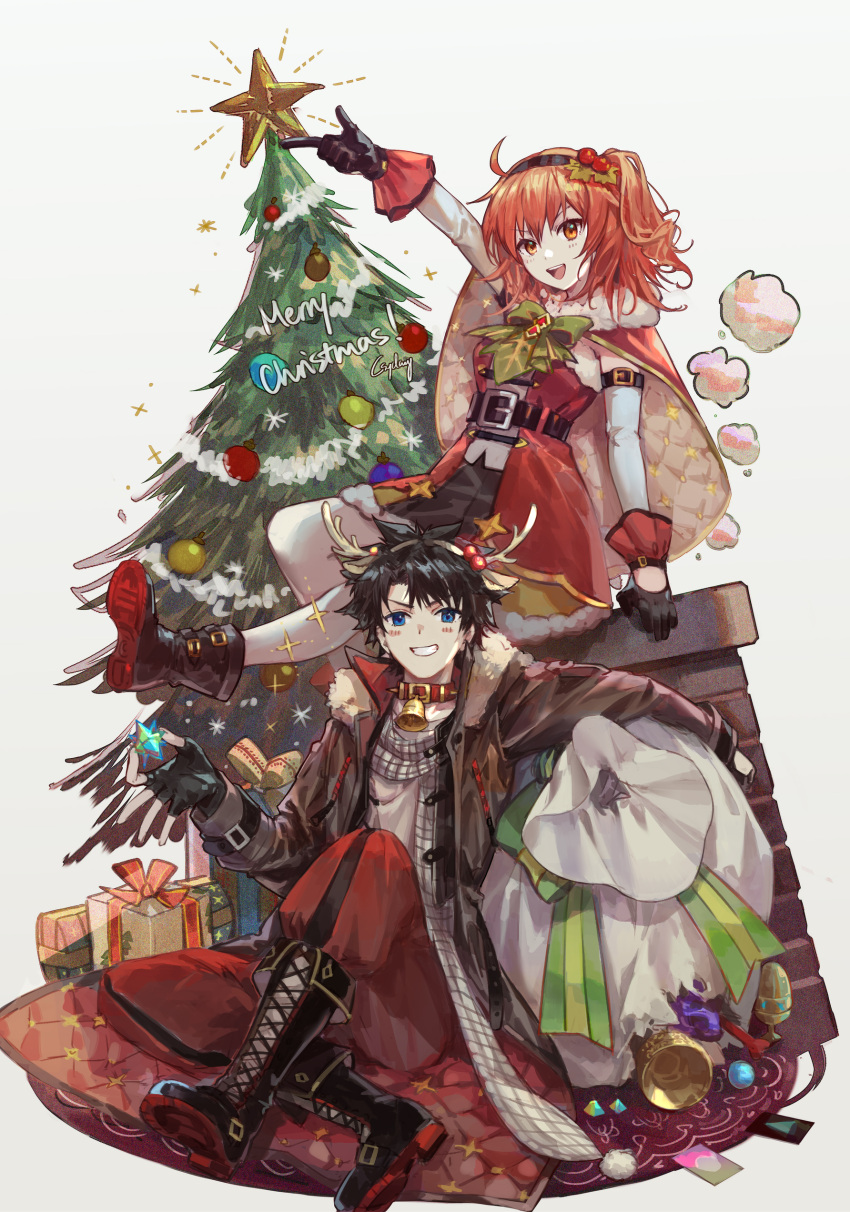 1boy 1girl :d absurdres ahoge ankle_boots antlers arm_up bell bell_collar belt black_belt black_footwear black_gloves black_hair black_legwear blue_eyes blush boots bow box brown_coat cape christmas christmas_ornaments christmas_tree coat collar commentary_request csyday dress fate/grand_order fate_(series) fingerless_gloves fujimaru_ritsuka_(female) fujimaru_ritsuka_(male) fur-trimmed_cape fur_trim gift gift_box gloves grey_shirt grin hair_ornament hair_scrunchie highres holding knee_boots long_sleeves looking_at_viewer merry_christmas one_side_up open_mouth orange_eyes orange_hair pants pantyhose plaid plaid_scarf red_cape red_collar red_dress red_footwear red_pants reindeer_antlers sack santa_costume scarf scrunchie shirt short_hair side_ponytail simple_background sitting smile sparkle star_(symbol) torn_sack two-sided_fabric white_background white_scarf