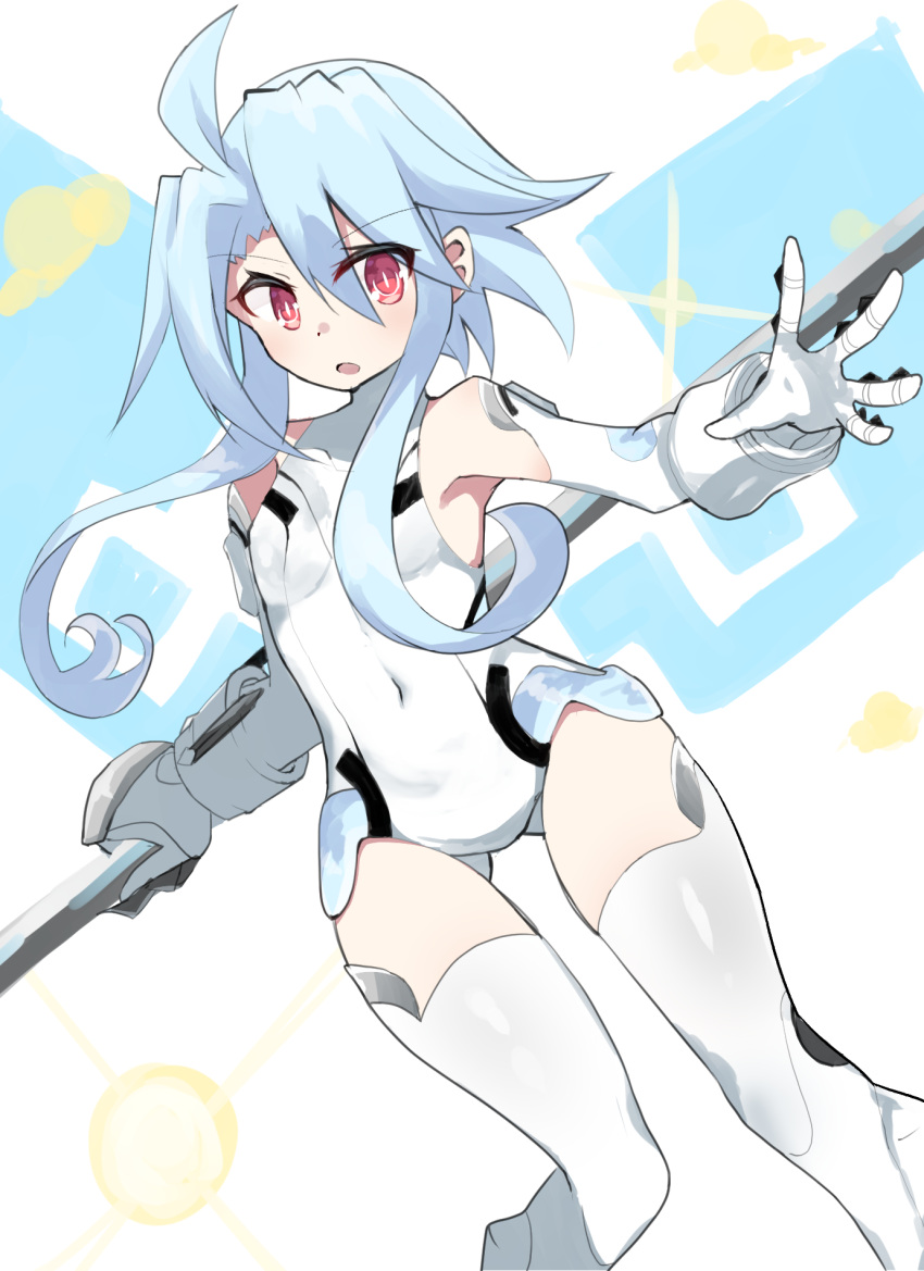 1girl ahoge bare_shoulders blush breasts elbow_gloves gloves hair_between_eyes highres holding holding_weapon leotard light_blue_hair looking_at_viewer neptune_(series) open_mouth power_symbol red_eyes shimeji_wyvern short_hair_with_long_locks small_breasts solo symbol-shaped_pupils thigh-highs weapon white_gloves white_heart white_leotard