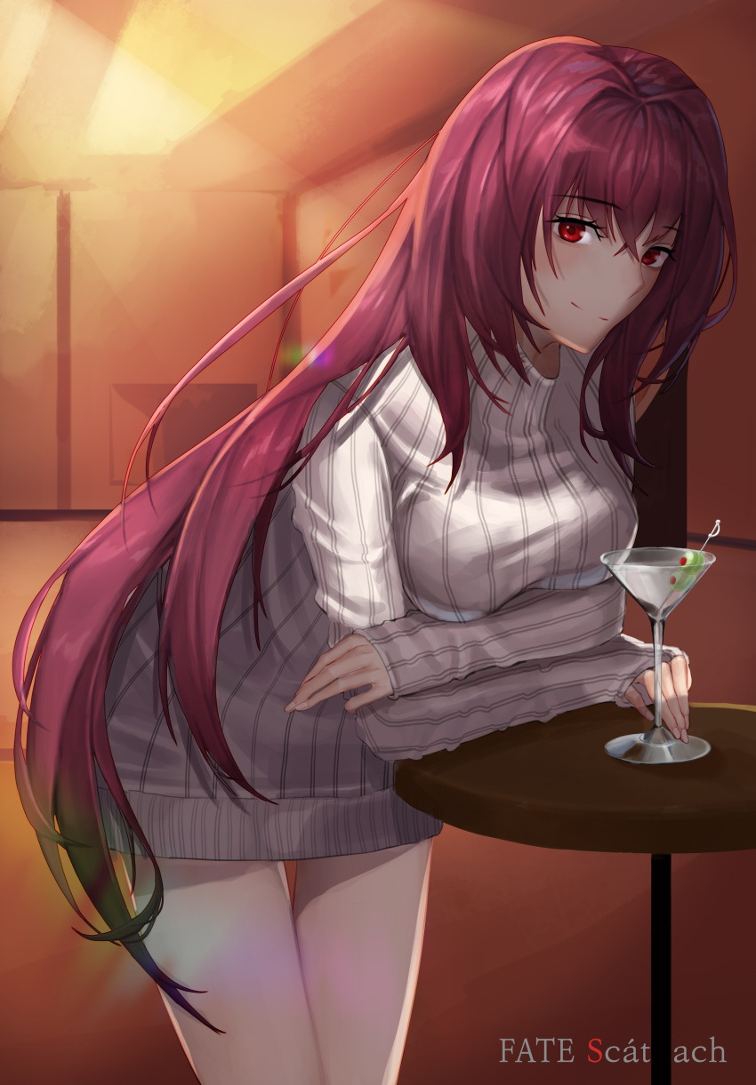 1girl absurdres breasts cocktail_glass cup drinking_glass enue_(makar1995) fate/grand_order fate_(series) hair_intakes highres indoors large_breasts leaning_forward long_hair martini olive purple_hair red_eyes scathach_(fate)_(all) scathach_(fate/grand_order) skewer smile sweater table turtleneck turtleneck_sweater very_long_hair