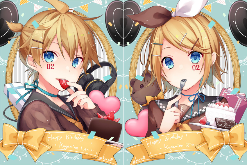 1boy 1girl black_sailor_collar blonde_hair blue_background blue_eyes blush bow box brother_and_sister brown_shirt cake character_name checkered chocolate_cake closed_mouth commentary cropped_torso food fork fruit gift gift_box hair_ornament hair_ribbon hairclip hands_up happy_birthday headphones heart highres holding holding_food holding_fork holding_plate kagamine_len kagamine_rin kuroi_(liar-player) long_sleeves looking_at_viewer parted_lips pennant plate ponytail ribbon sailor_collar school_uniform serafuku shirt siblings sleeves_past_wrists strawberry string_of_flags striped striped_background twins upper_body upper_teeth vertical_stripes vocaloid yellow_bow